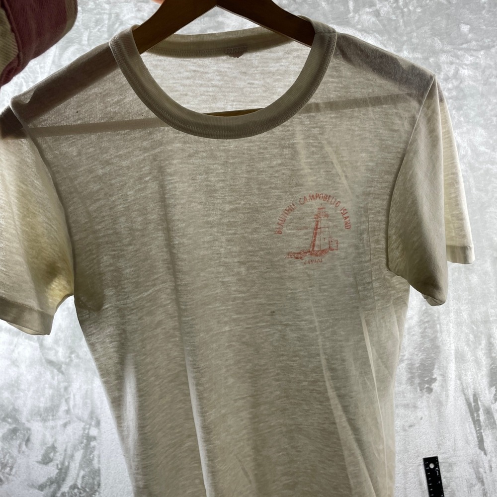 Vintage Paper Thin 70s T-Shirt Mens XS White Water Print Graphic Tee Single Sti